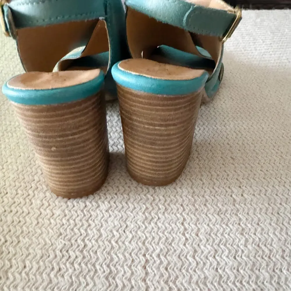 Seychelles Blue Criss Cross Strap Stack Heel Sandal
